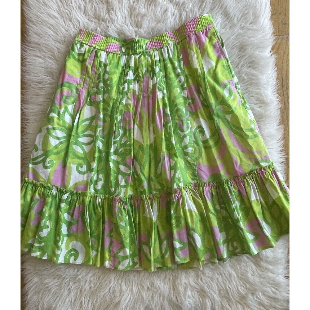 Lilly Pulitzer Women’s Size XS Lime Pink Print Pleated Skirt Elastic Waist